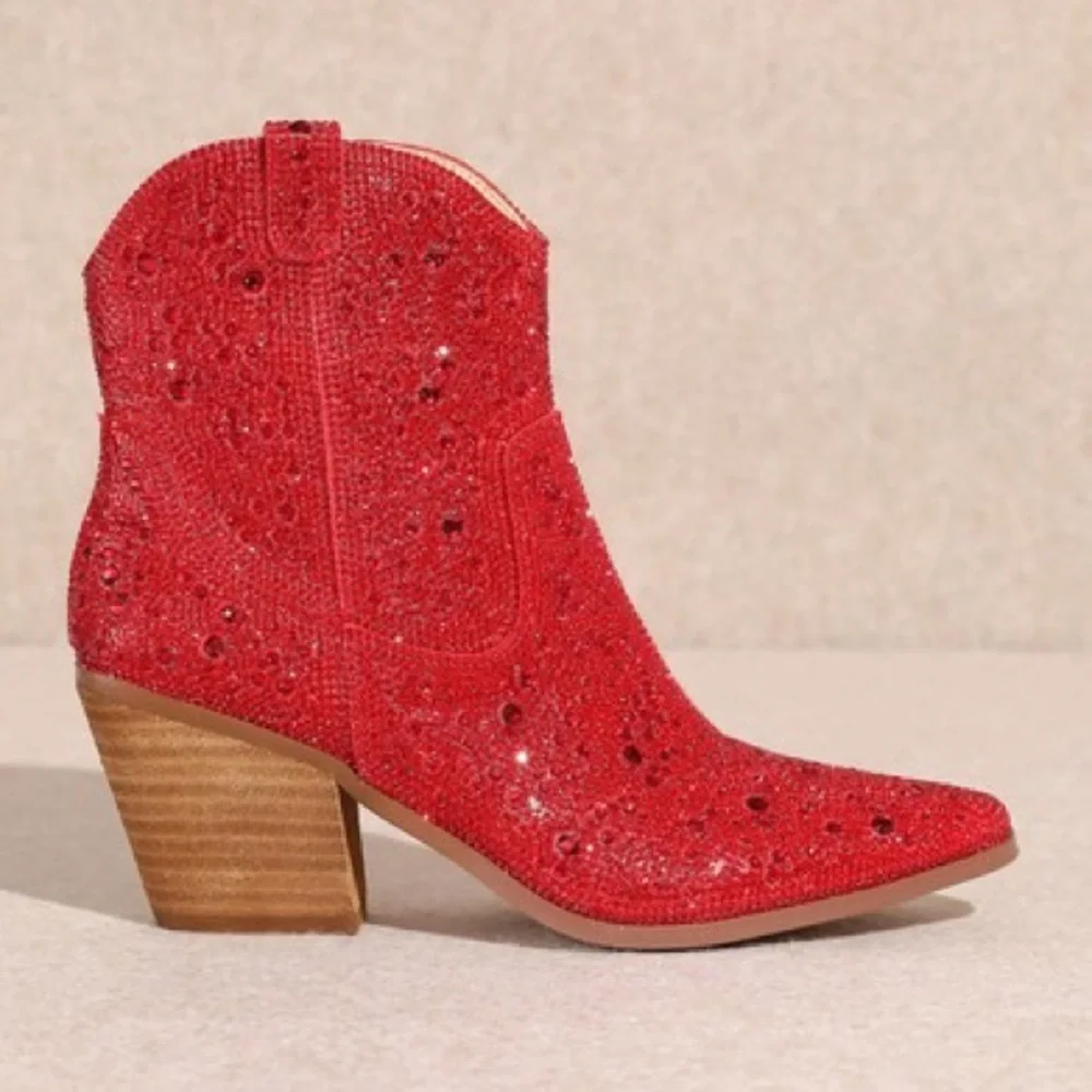 SOLD! ANGEL Champagne Rhinestone Embellished Ankle Western Heeled Cowboy Booties - Picture 5 of 7
